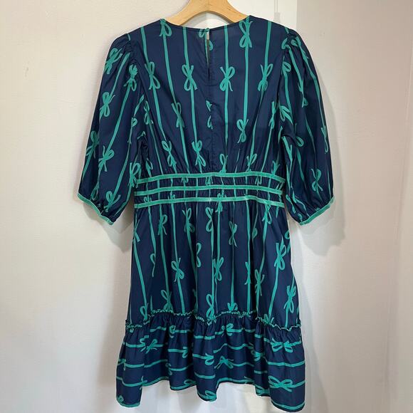 Umgee Ribbon Print Puff Sleeve Velvet Trim Boho Mini Dress Casual Holiday L - Picture 10 of 11